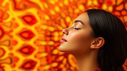 Poster - A woman with her eyes closed, profile view, against a yellow and orange patterned backdrop.