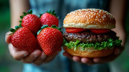 Wall Mural - A person choosing between healthy and unhealthy food highlights the difference in eating habits.