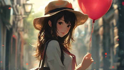 A girl was holding balloons and wearing a red dress with a straw hat, with a soft background.