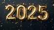 © Rebala. - Gold balloons forming the number 2025 celebrate the new year against a black background and falling confetti.