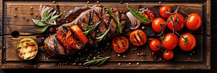 Grilled Steak Fillet served with Tomatoes and Roasted Vegetables on a Rustic Wooden Platter