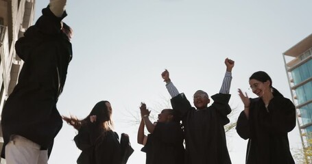 Poster - Graduation cap, group and students throw in air or sky for celebration, study success and achievement on campus. University people, friends or graduate class with college, school and education goals