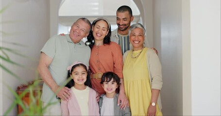 Poster - Big family, kids and grandparents with face, home hallway and parents with smile, bonding and hug. Mother, father and children with portrait in corridor, house or together for care, love or holiday