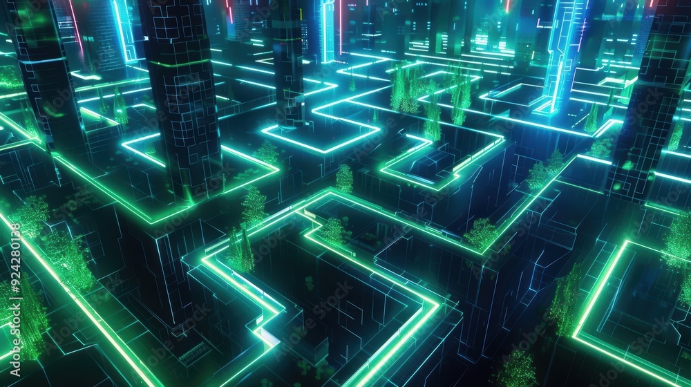 Futuristic neon cityscape with glowing green pathways and towers ...