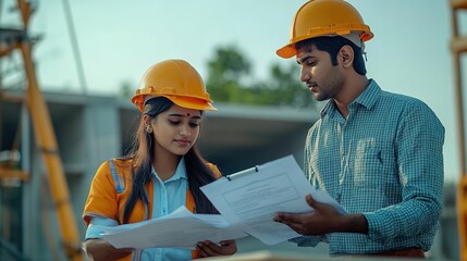 India engineer woman and Asia engineer man working with document at precast site work