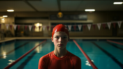 portrait of a teenage male swimmer with a pool in behind them