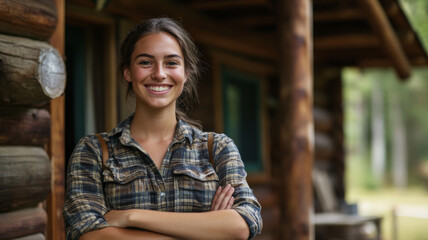 portrait of a teenage female camp counselor in front on a summer camp cabin