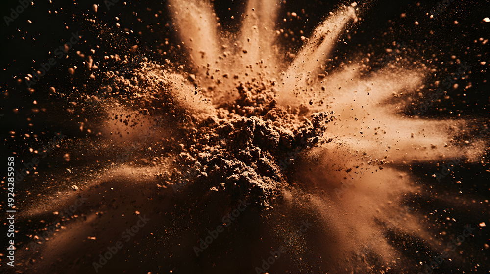 dynamic burst of cocoa powder exploding outward from the center, with ...