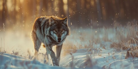 Wall Mural - Gray Wolf Canis lupus Running Through Snowy Winter Field Captive Animal