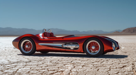 Wall Mural - Vintage red sports car parked on a dry salt flat under a clear blue sky.
