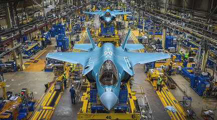 Military fighter jets undergoing assembly in large aircraft production facility
