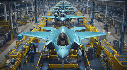 Military fighter jets undergoing assembly in large aircraft production facility
