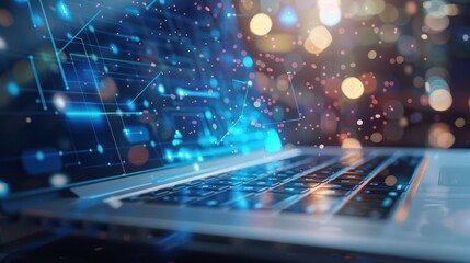 Poster - Laptop with glowing data connections and bokeh background