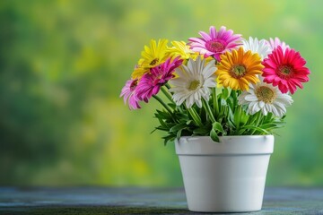 Poster - Colorful daisies in white pot on green