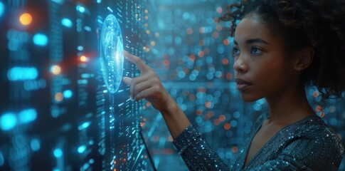 Poster - Woman Interacting with Holographic Earth on Digital Screen