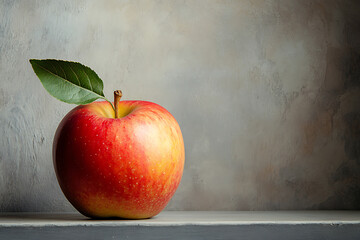 A red apple with a green leaf on top