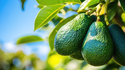 Bunch of avocados on a tree. Fresh fruits hanging on a branch in the garden on a beautiful sunny day