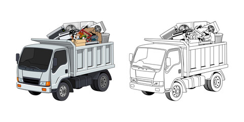 Wall Mural - Pickup Truck Loaded Household Junk Cartoon Design Illustration vector eps format suitable for your design needs logo illustration animation etc