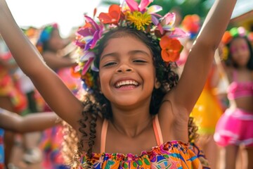 Young Girl in Vibrant Dress Dancing with Group of Dancers in Colorful Performance of Traditional Folk Art