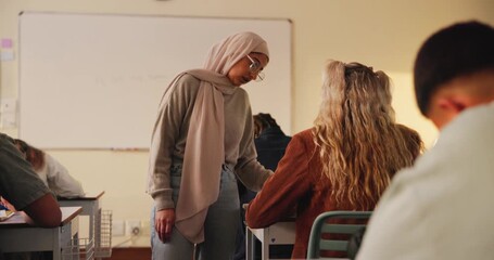 Poster - Test, high school and teacher with students in class helping for scholarship entrance exam. Education, writing and educator talking to teenager to answer college admission essay for application.