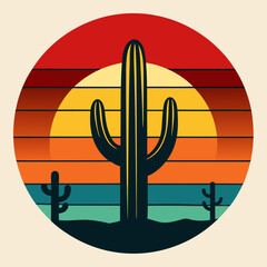 Retro sunset with cactus silhouette in the desert scene vector illustration, graphics elements for trendy vintage t-shirt