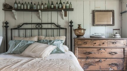 Wall Mural - A charming farmhouse bedroom with a wrought iron bed frame a distressed wooden dresser and a collection of vintage milk bottles displayed on a shelf above the bed.