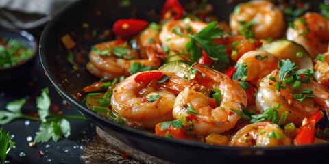 Wall Mural - Shrimp and Vegetable Casserole in a Black Wok Pan