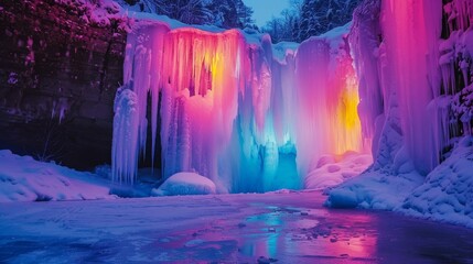 A frozen waterfall acting as the backdrop for a daring ice dip with vibrant colors reflecting off the ice.