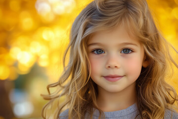 Wall Mural - Close-up portrait of a young girl with long blonde hair, smiling softly, against a vibrant golden autumn background