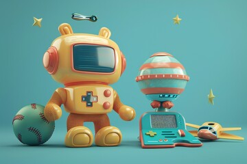 Poster - Cute cartoon robot with sports equipment and rocket on blue background, created  by ai
