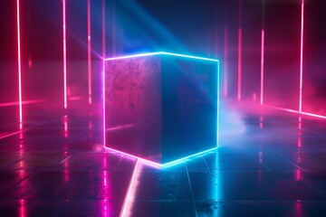 Poster - 3d Render, Neon light square cube floating in the space with high speed light background, hyper warp on floor , created ai