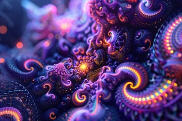 Poster - Abstract 3D render of neon fractals with intricate patterns and glowing details , created ai