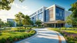 © Arti - modern hospital exterior, sleek architecture with green spaces, bright midday light, clean and inviting