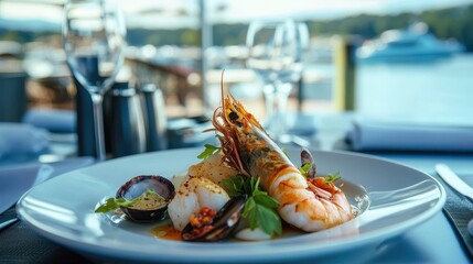 Seafood Platter with Shrimp and Mussels on a White Plate