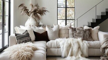 Wall Mural - A carefully curated arrangement of fluffy faux fur cushions tered on a lowlying sectional adding an element of coziness and luxury to the space.