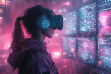 Wall Mural - cyberpunk hacker den neonlit room filled with multiple screens flowing data visualizations figure in vr gear atmospheric fog blue and purple color scheme