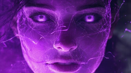 Canvas Print - Woman's Face Covered in Purple Glowing Web