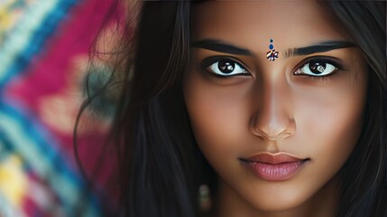 Poster - Close up portrait of a beautiful Indian woman with a bindi on her forehead and intense dark eyes looking at the camera.