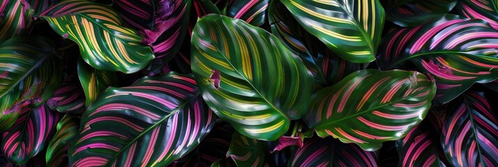 Wall Mural - Calathea Medallion Veitchiana in the Marantaceae Family, known for its peacock-patterned foliage and magenta undersides, is a nyctinastic and pet-friendly plant.