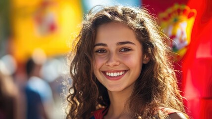 Smiling young woman with curly hair in vibrant outdoor setting