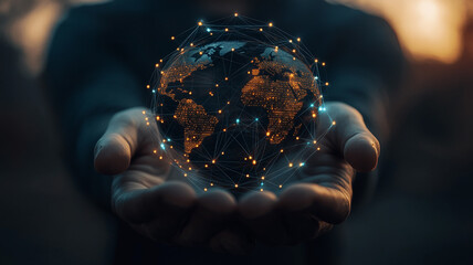 Poster - Palm Hands with Global Network Connections and Flying Earth Concept in Innovative Technologies