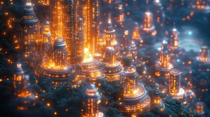 Poster - Futuristic Cityscape with Glowing Towers