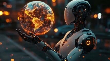 Robot Holding Earth Globe