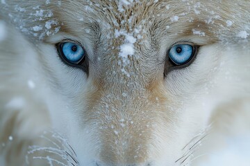 Wall Mural - intense closeup of arctic wolfs face in snowy landscape piercing blue eyes and frostcovered fur capture the raw beauty of the wild soft bokeh effect of falling snowflakes