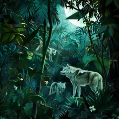 Three wolves stand in a lush jungle illuminated by a full moon.