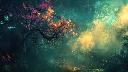 Sticker - Enchanted Forest with Colorful Tree and Mystical Light