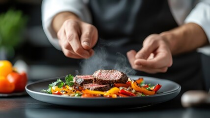 A chef arranging a plate of grilled steak fajitas, showcasing smoky steak, onions, and bell peppers with a touch of fresh herbs.