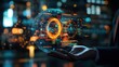 © busro - Close-up of a businessman is hand holding a holographic circular economy diagram with infinite loops, symbolizing sustainability and continuous growth, with a futuristic cityscape in the background
