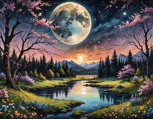 Wall Mural - A lake at night surrounded by flowers. 