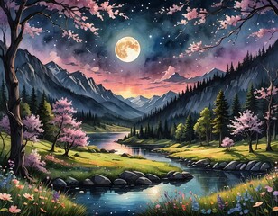 Poster - A lake at night surrounded by flowers. 